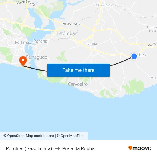 Porches (Gasolineira) to Praia da Rocha map