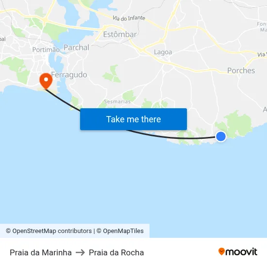 Praia da Marinha to Praia da Rocha map