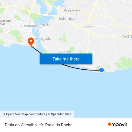 Praia do Carvalho to Praia da Rocha map