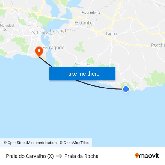 Praia do Carvalho (X) to Praia da Rocha map