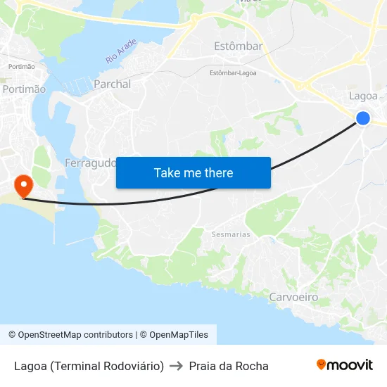 Lagoa (Terminal Rodoviário) to Praia da Rocha map