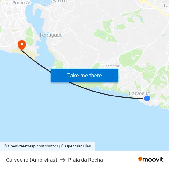 Carvoeiro (Amoreiras) to Praia da Rocha map