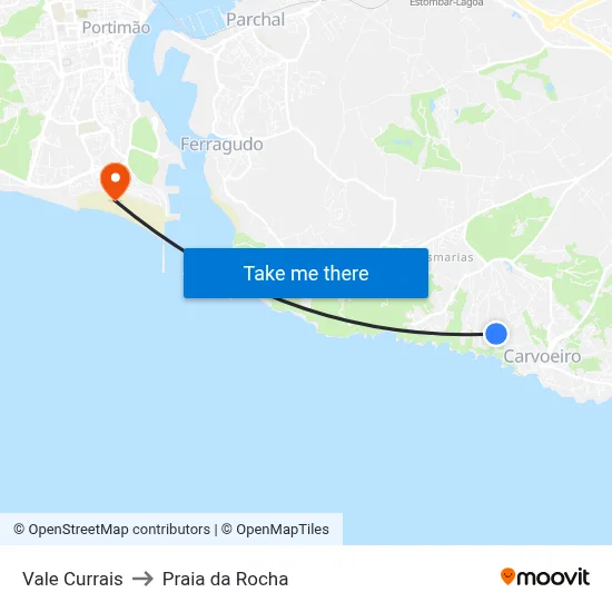Vale Currais to Praia da Rocha map