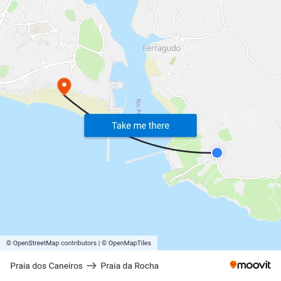 Praia dos Caneiros to Praia da Rocha map