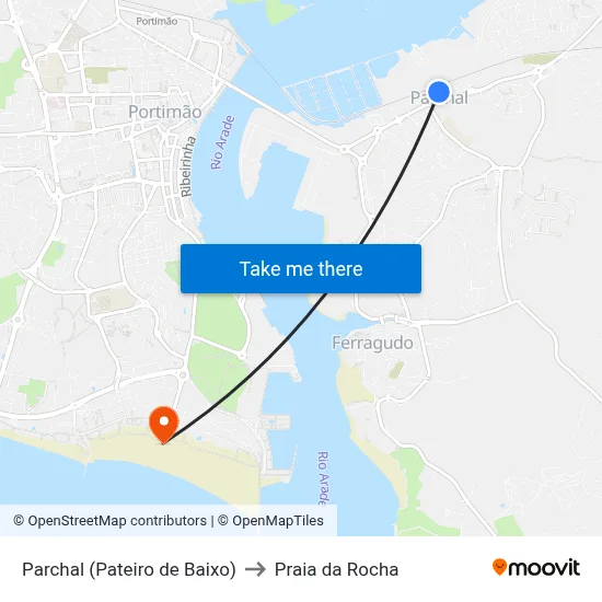 Parchal (Pateiro de Baixo) to Praia da Rocha map