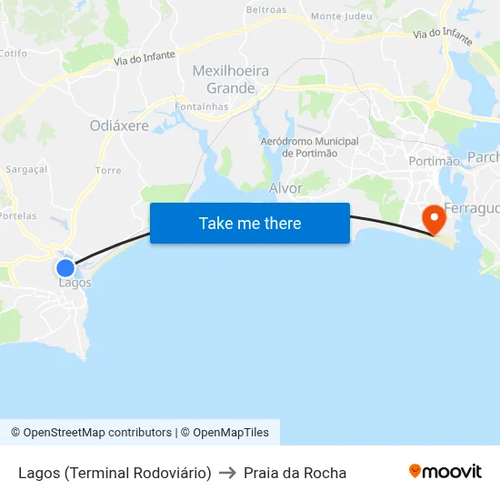 Lagos (Terminal Rodoviário) to Praia da Rocha map