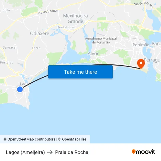 Lagos (Ameijeira) to Praia da Rocha map
