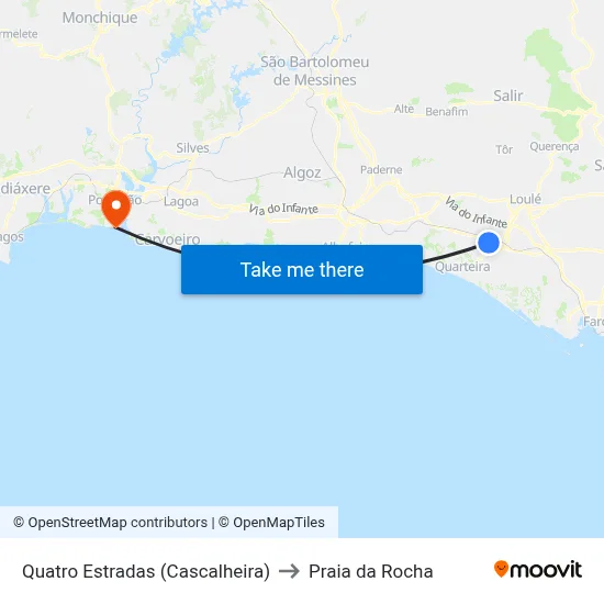 Quatro Estradas (Cascalheira) to Praia da Rocha map