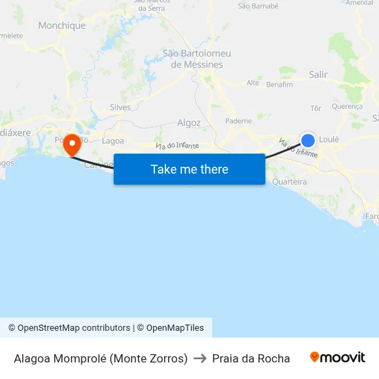 Alagoa Momprolé (Monte Zorros) to Praia da Rocha map