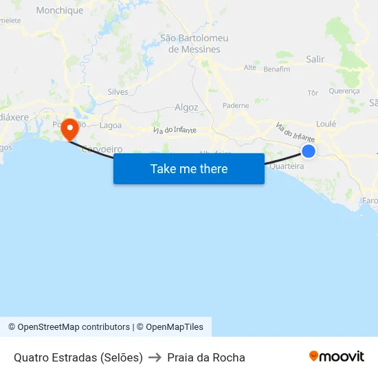 Quatro Estradas (Selões) to Praia da Rocha map