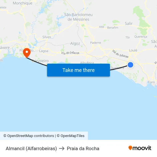 Almancil (Alfarrobeiras) to Praia da Rocha map