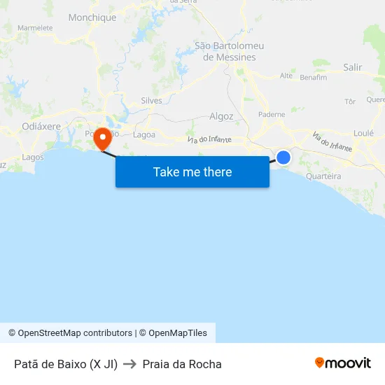 Patã de Baixo (X JI) to Praia da Rocha map