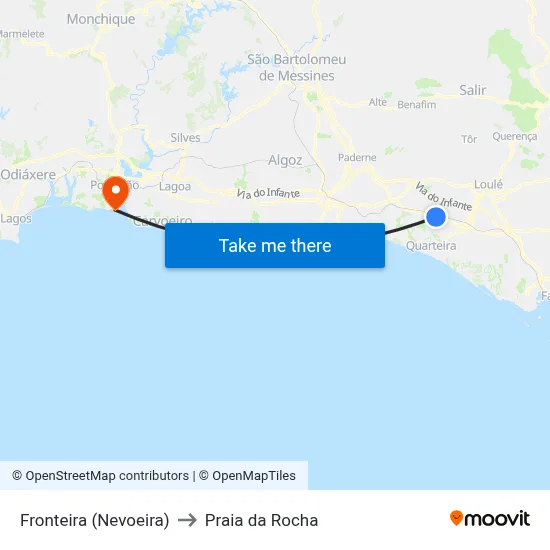 Fronteira (Nevoeira) to Praia da Rocha map