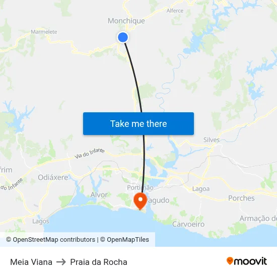 Meia Viana to Praia da Rocha map
