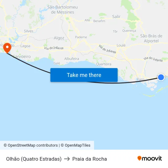 Olhão (Quatro Estradas) to Praia da Rocha map