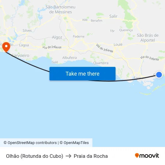 Olhão (Rotunda do Cubo) to Praia da Rocha map