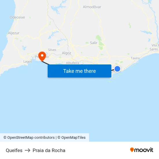 Quelfes to Praia da Rocha map