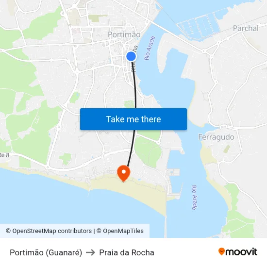 Portimão (Guanaré) to Praia da Rocha map