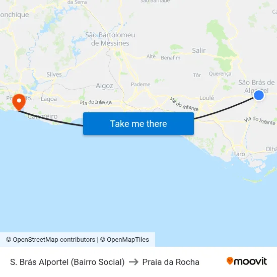 S. Brás Alportel (Bairro Social) to Praia da Rocha map