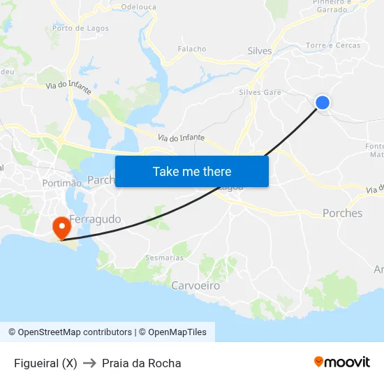 Figueiral (X) to Praia da Rocha map