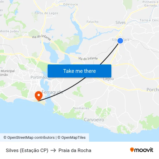 Silves (Estação CP) to Praia da Rocha map