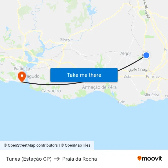 Tunes (Estação CP) to Praia da Rocha map