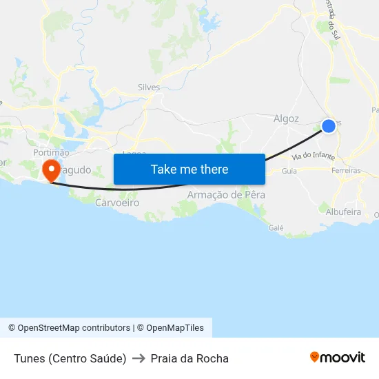 Tunes (Centro Saúde) to Praia da Rocha map