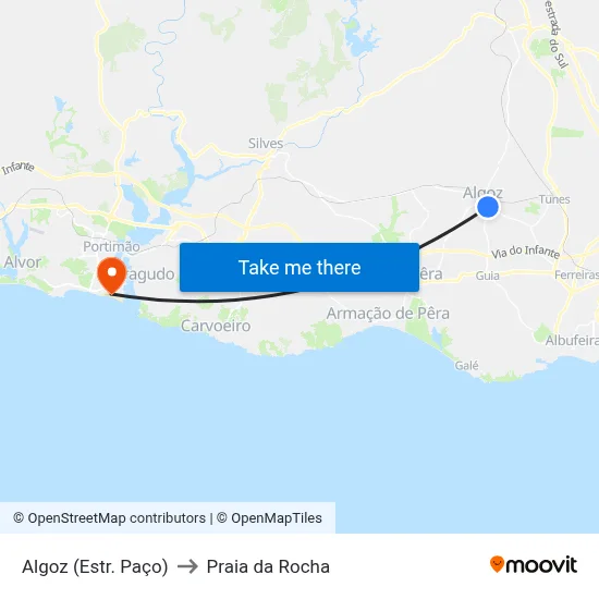 Algoz (Estr. Paço) to Praia da Rocha map