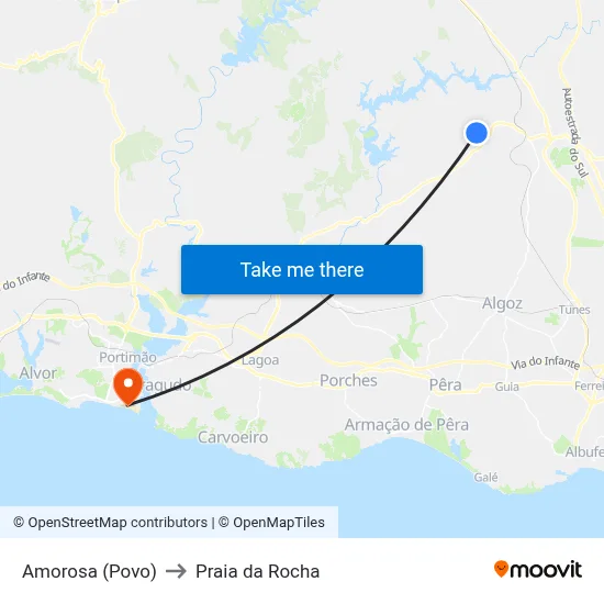 Amorosa (Povo) to Praia da Rocha map