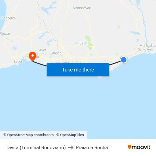 Tavira (Terminal Rodoviário) to Praia da Rocha map