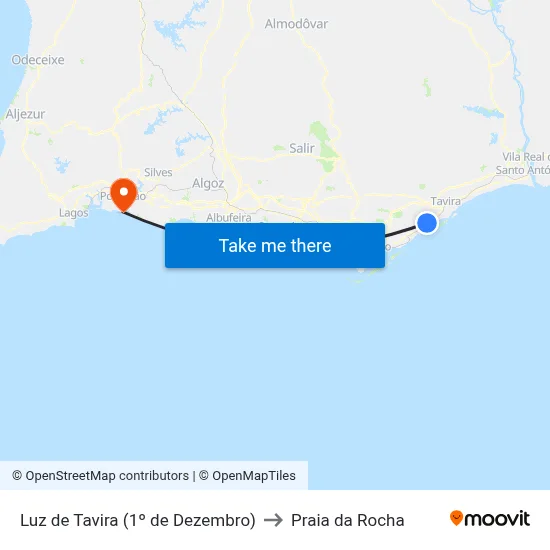 Luz de Tavira (1º de Dezembro) to Praia da Rocha map