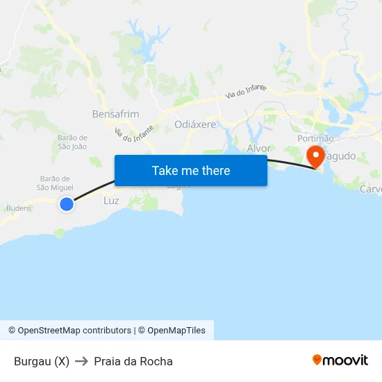 Burgau (X) to Praia da Rocha map