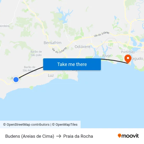 Budens (Areias de Cima) to Praia da Rocha map
