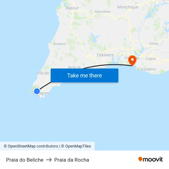 Praia do Beliche to Praia da Rocha map