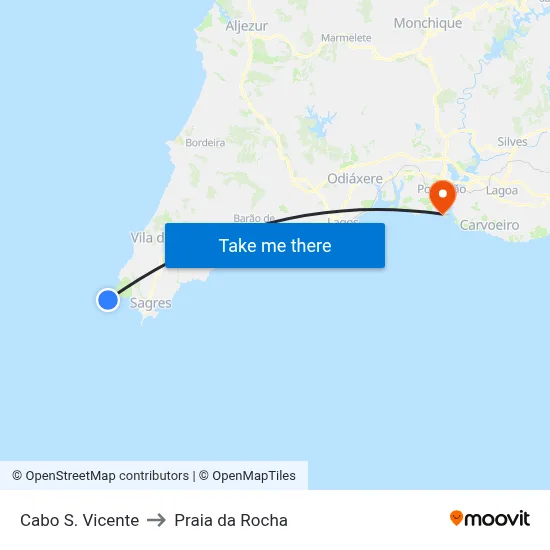 Cabo S. Vicente to Praia da Rocha map