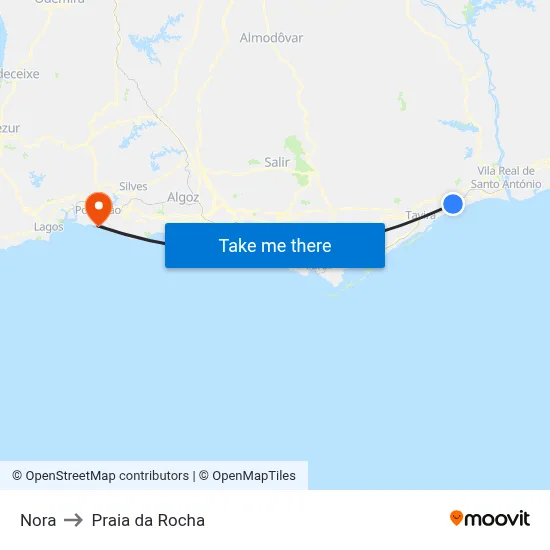Nora to Praia da Rocha map