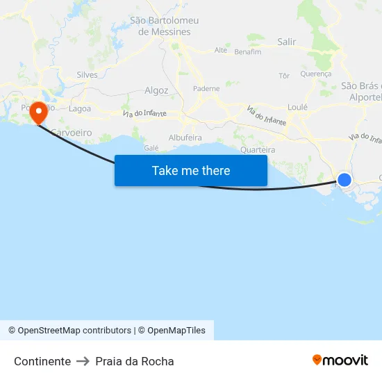 Continente to Praia da Rocha map