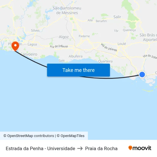 Estrada da Penha - Universidade to Praia da Rocha map