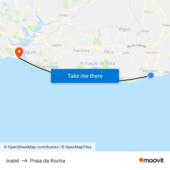Inatel to Praia da Rocha map