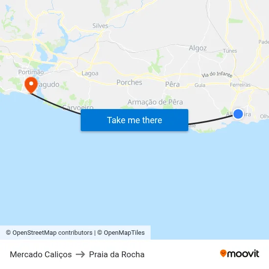 Mercado Caliços to Praia da Rocha map
