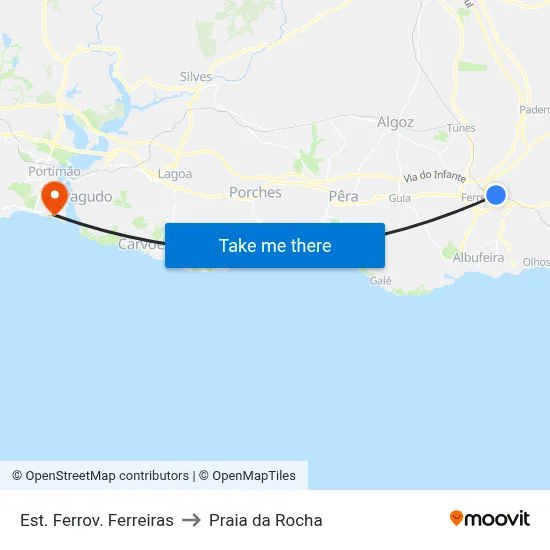 Est. Ferrov. Ferreiras to Praia da Rocha map