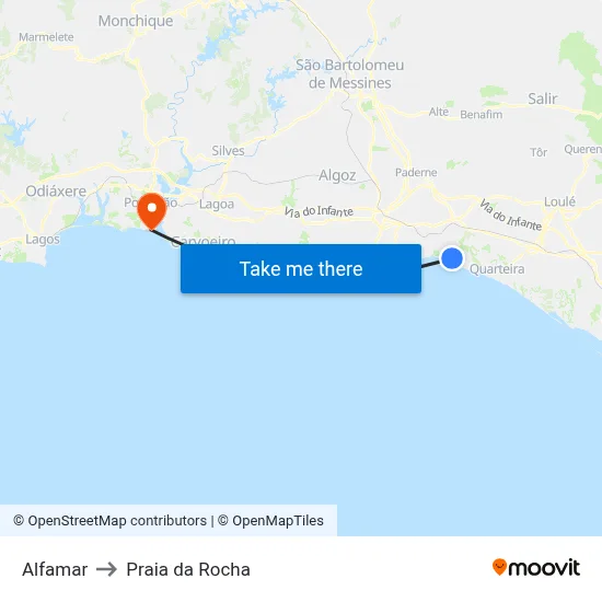 Alfamar to Praia da Rocha map