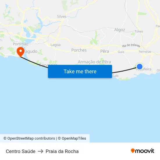 Centro Saúde to Praia da Rocha map