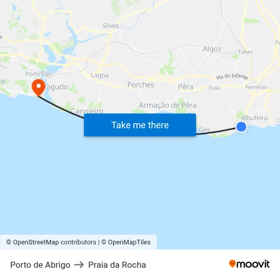 Porto de Abrigo to Praia da Rocha map