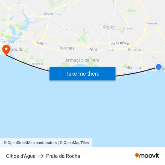 Olhos d'Água to Praia da Rocha map