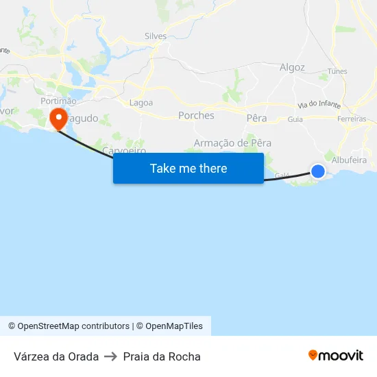 Várzea da Orada to Praia da Rocha map