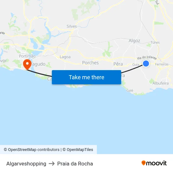 Algarveshopping to Praia da Rocha map