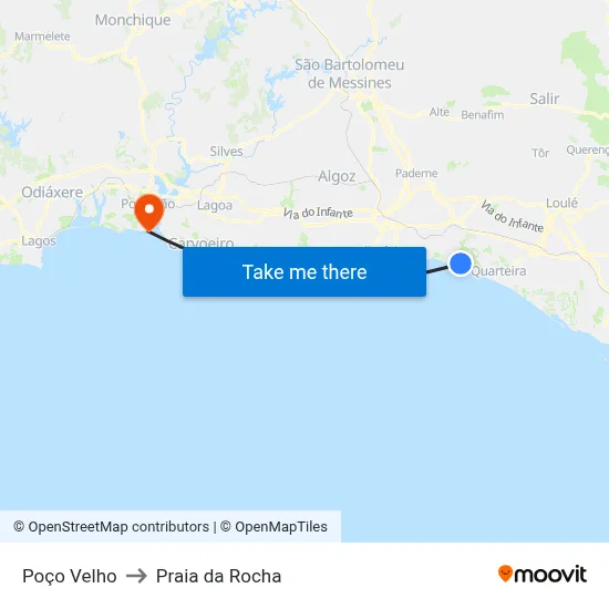 Poço Velho to Praia da Rocha map