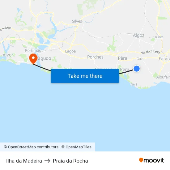 Ilha da Madeira to Praia da Rocha map
