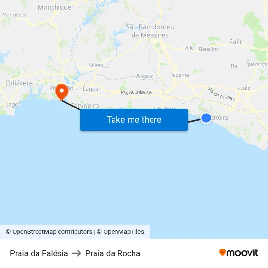 Praia da Falésia to Praia da Rocha map